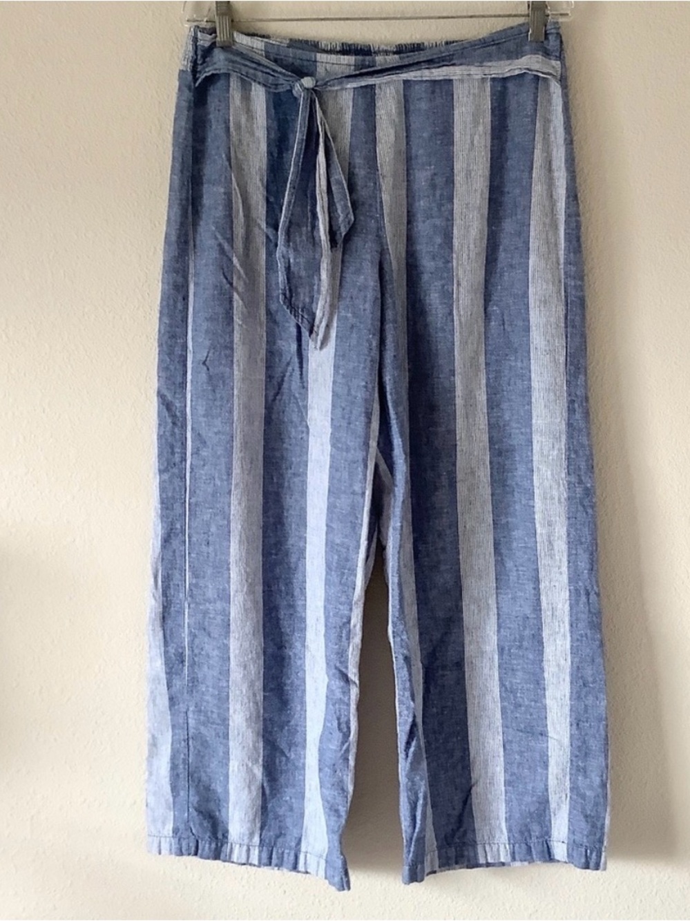 BEACHLUNCHLOUNGE Pants Linen Cotton Cropped Wide Leg Blue White Size Medium
